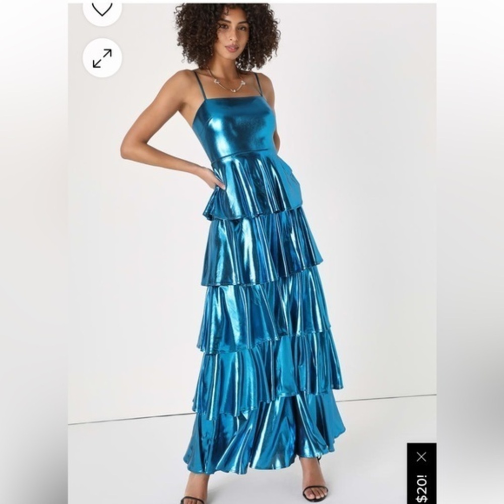 LULUS NWT Give It A Twirl metallic blue sleeveless tiered maxi dress
